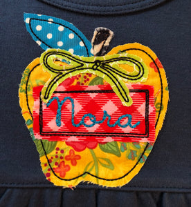 Monogram Back to school dress with vintage applique apple