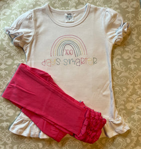 100 days of school embroidered rainbow ruffle tee and pink icing ruffle leggings