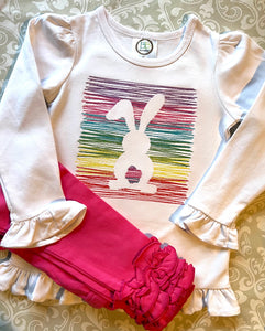 Easter bunny embroidered ruffle tee with pink icing ruffle leggings