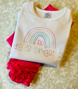 100 days of school embroidered rainbow ruffle tee and pink icing ruffle leggings