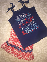 Jesus Loves the red white and blue ruffle shorts and tank