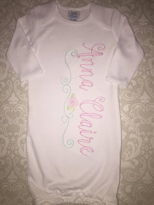 Floral Monogram ruffle baby gown with hat