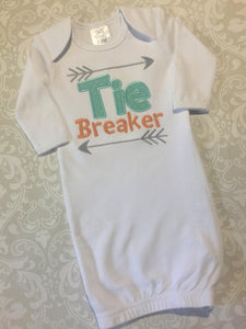 Tie Breaker sibling applique baby gown