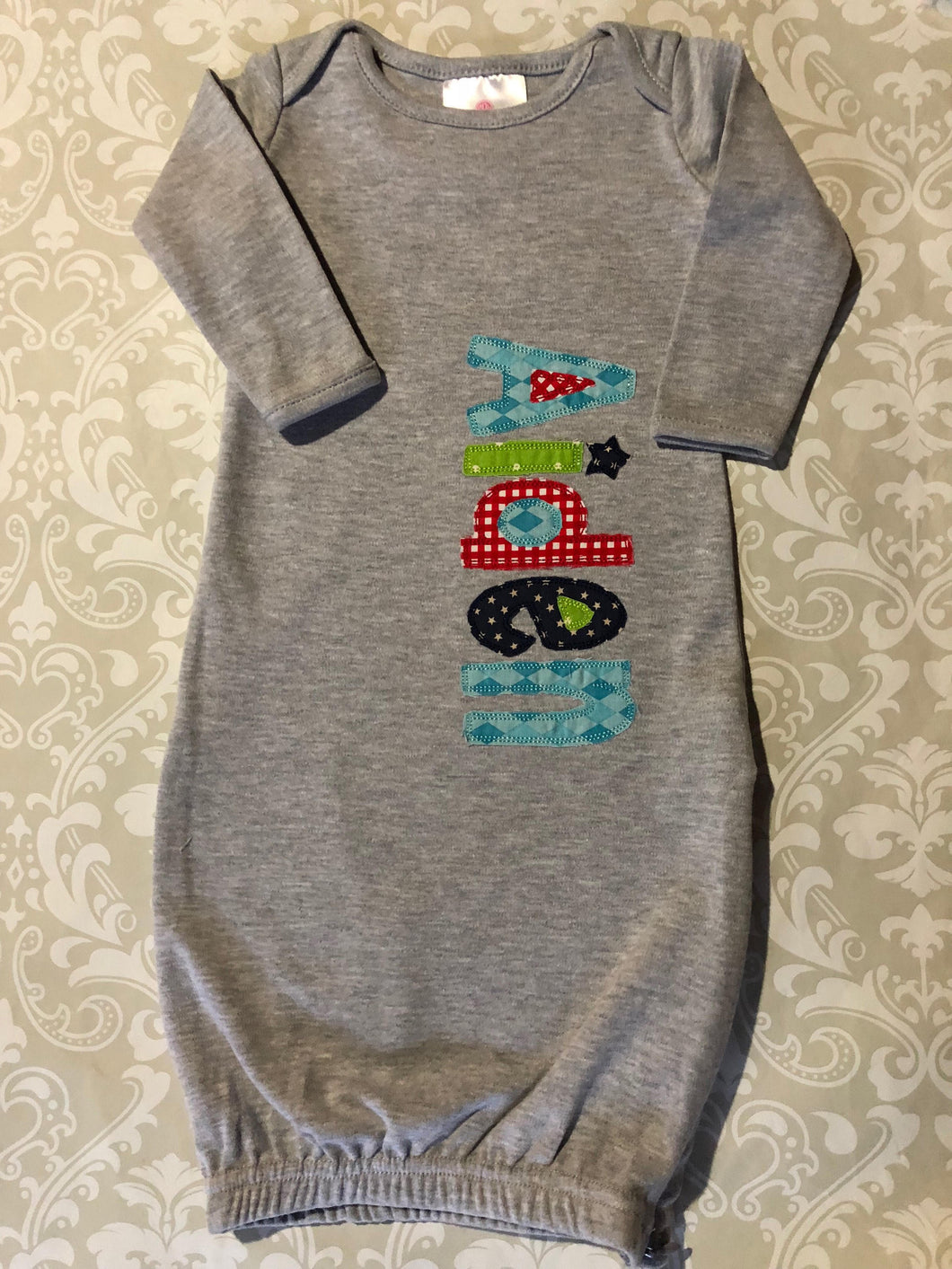 monogram applique gray baby gown