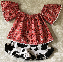 Off the shoulder red bandana top and cowhide print shorts cowgirl outfit