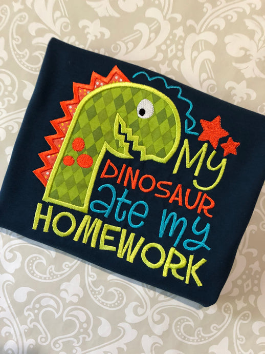 My Dinosaur ate my homework applique School tee