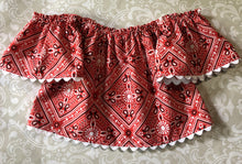 Off the shoulder red bandana top and cowhide print shorts cowgirl outfit