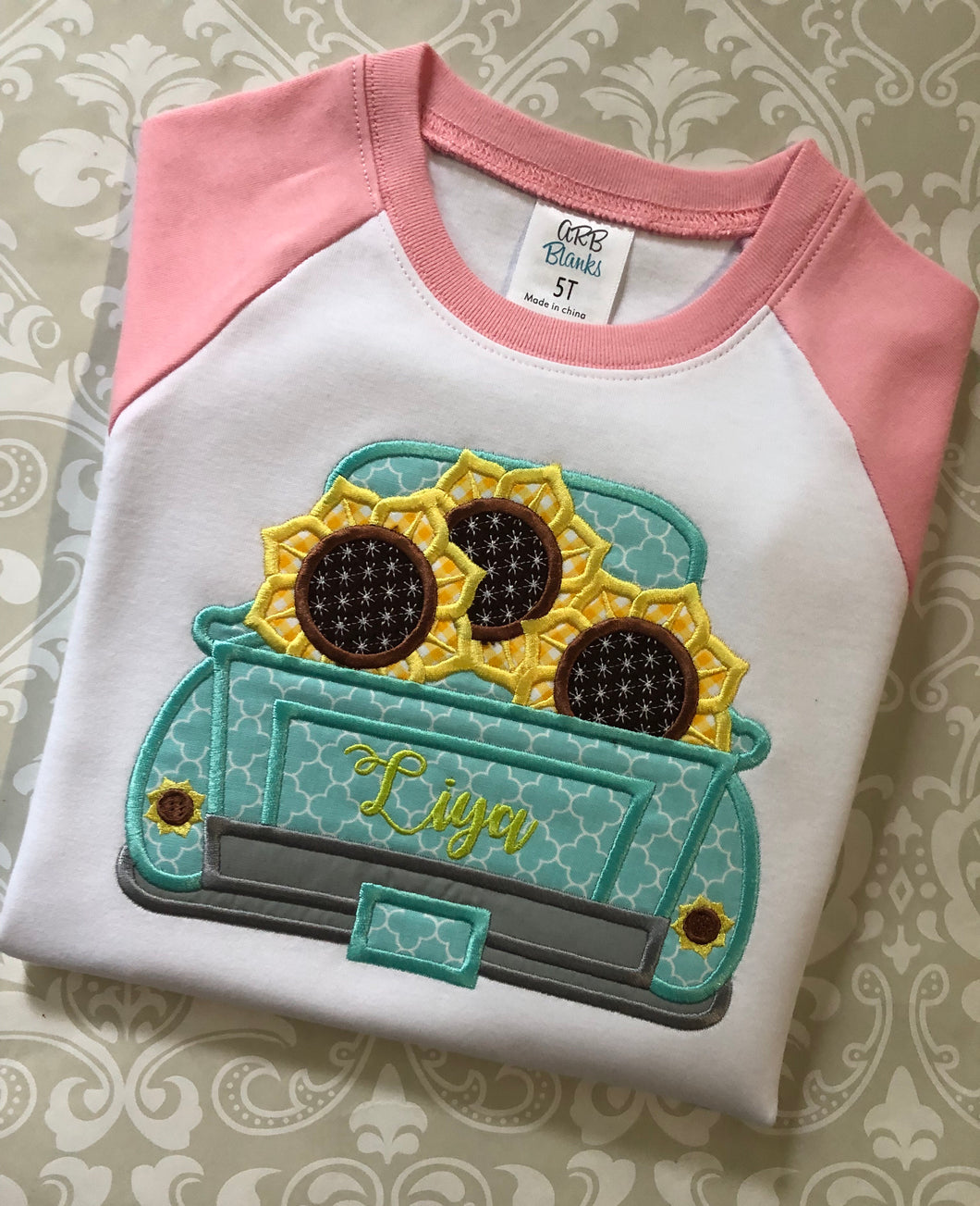 Monogram sunflower and truck applique fall raglan tee shirt