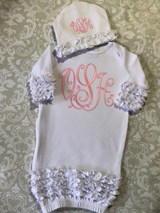 Monogrammed ruffle baby girl gown and hat set