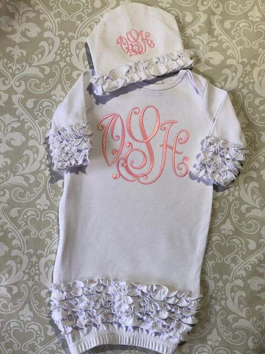 Monogrammed ruffle baby girl gown and hat set