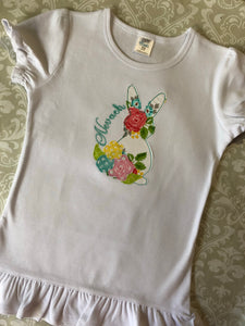 Floral applique Easter bunny monogram ruffle tee and pants set