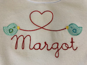 Baby bird and heart monogram valentine bodysuit