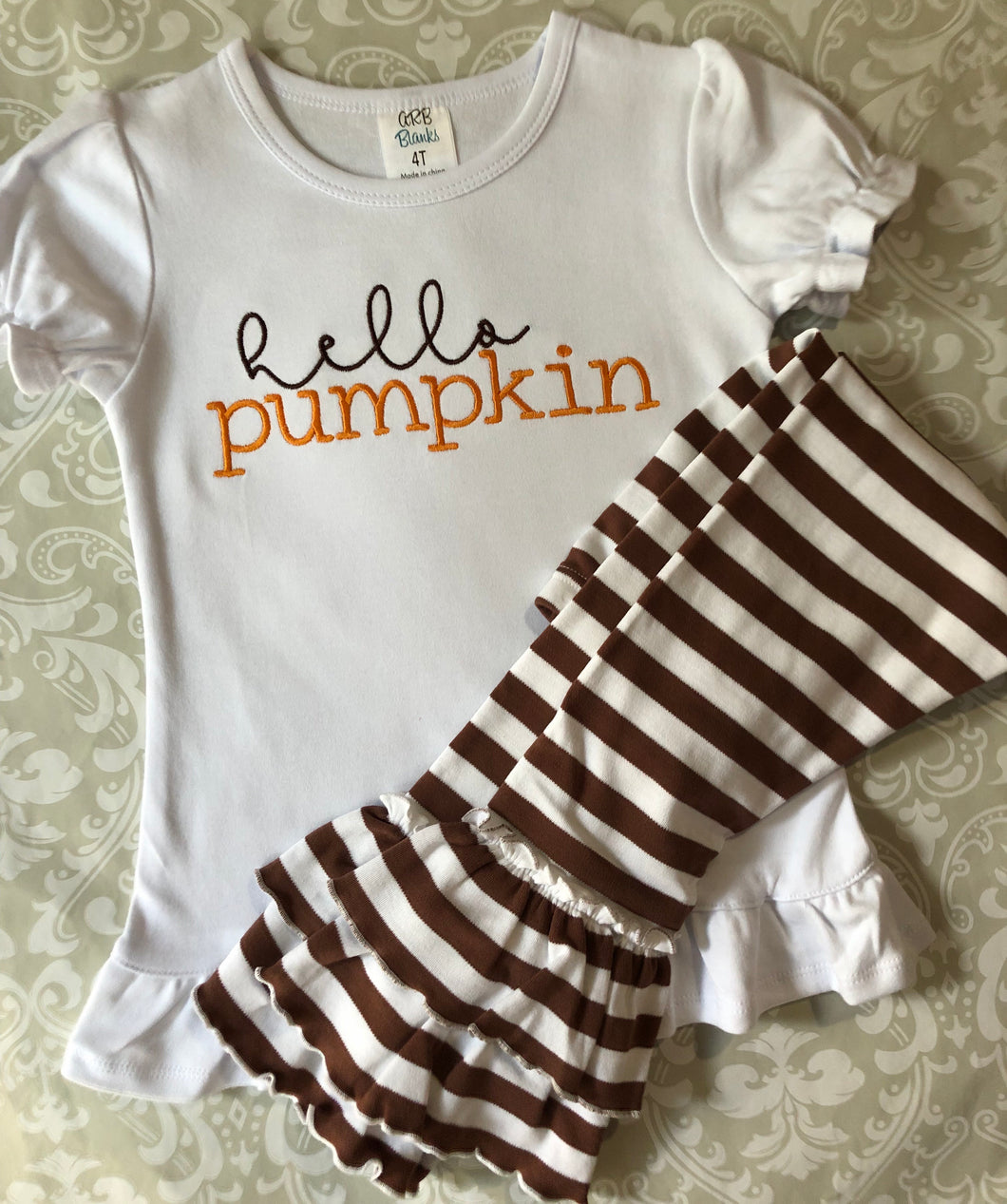 Hello Pumpkin embroidered fall outfit for girls