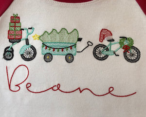Embroidered bicycle monogram Christmas raglan tee