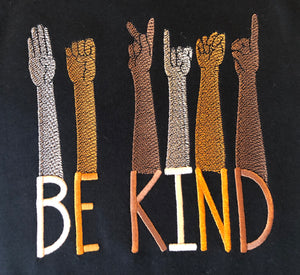 Be Kind embroidered hand sign language on black tee