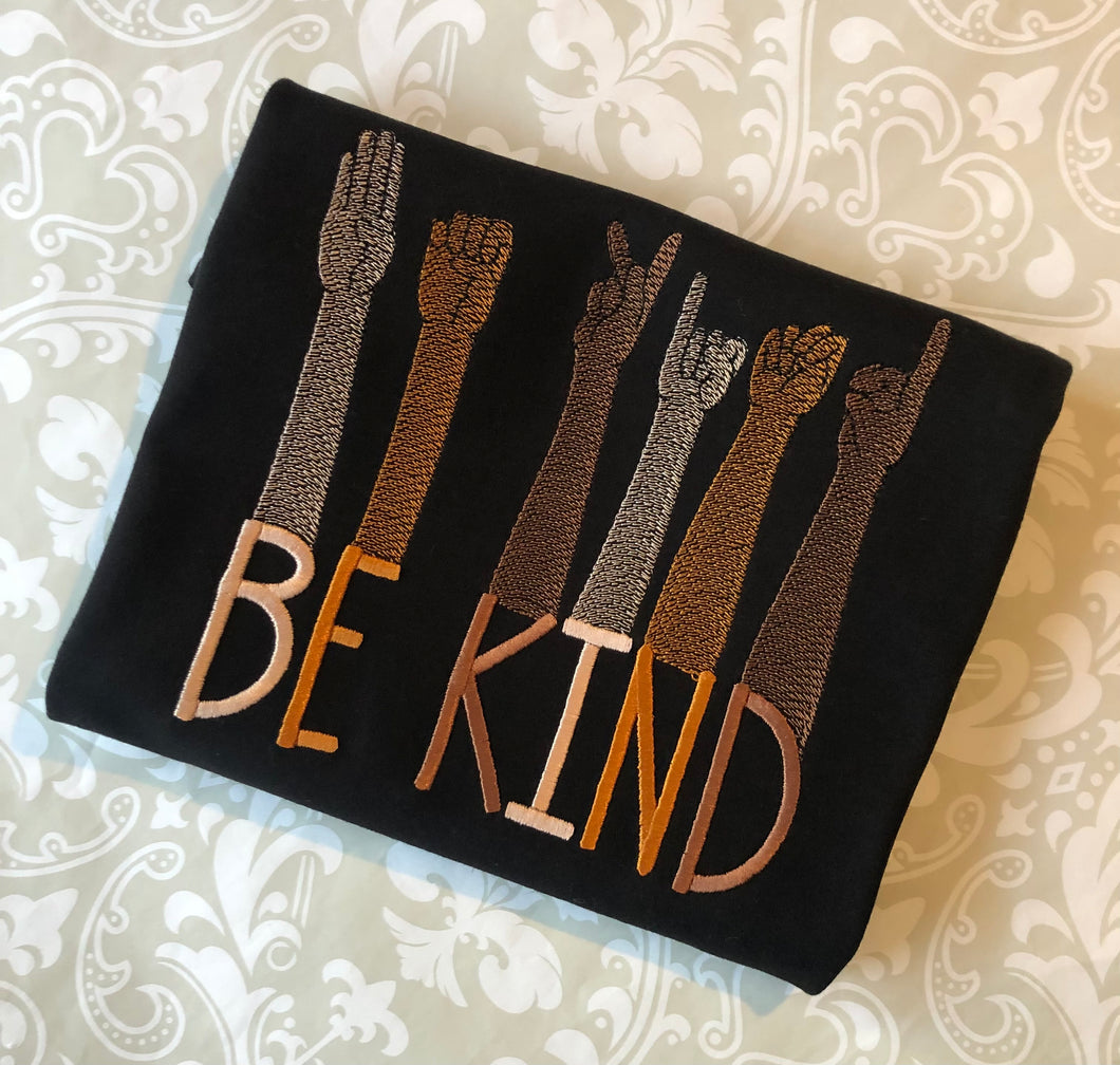 Be Kind embroidered hand sign language on black tee