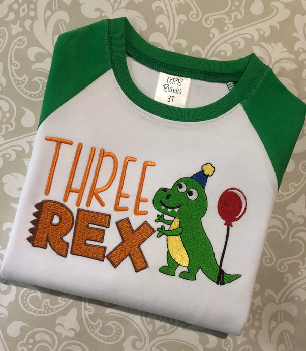 Three Rex dinosaur third birthday raglan tee