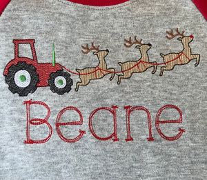 Reindeer tractor monogram Christmas raglan tee