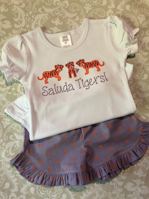 Tigers embroidered tee and orange paw print ruffle shorts set