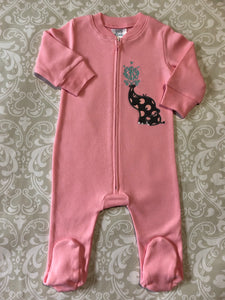 Baby girl pink elephant monogram footie