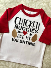 Chicken nuggies are my valentine embroidered raglan tee