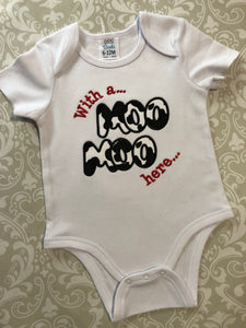 With a moo moo here Old McDonald cowhide applique tee or bodysuit
