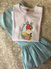 Floral applique Easter bunny monogram ruffle tee and pants set