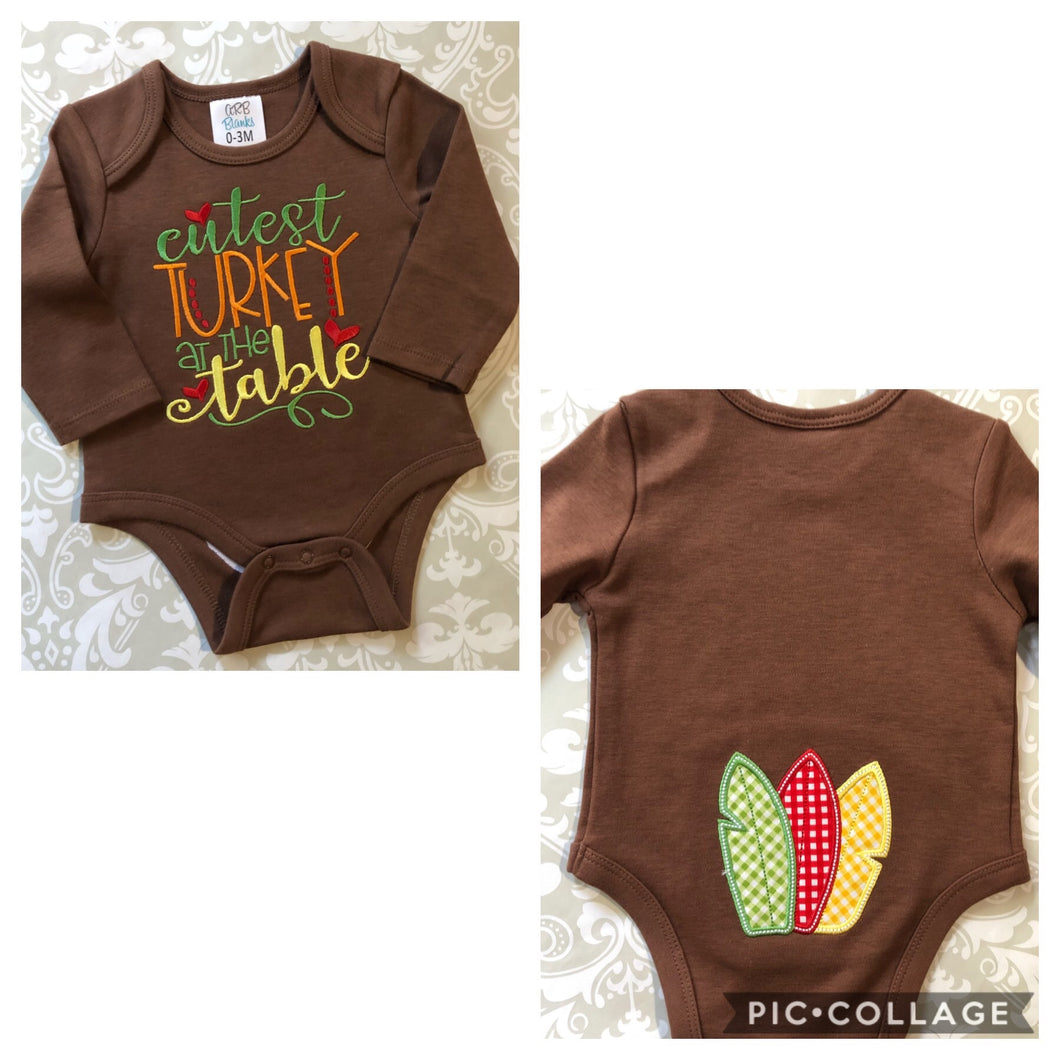 Cutest turkey at the table embroidered baby bodysuit with tail feathers